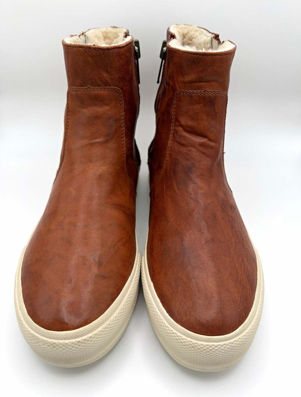 FRYE Men's Brown Leather Zip Ankle Boots Faux Fur Lined Round Toe Size 11